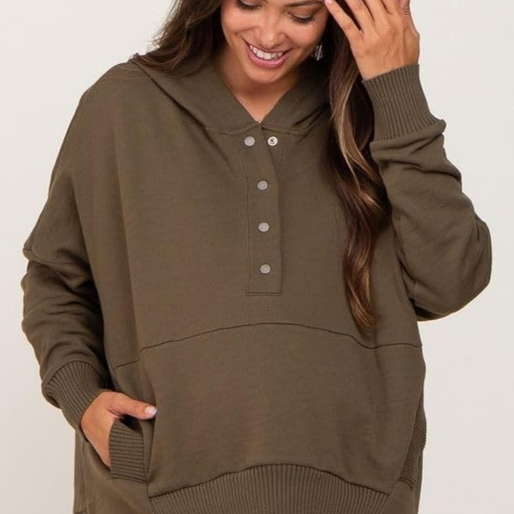 NWOT Womens Casual Button V Neck Hoodie Oversized Pullover Sweatshirt XXL